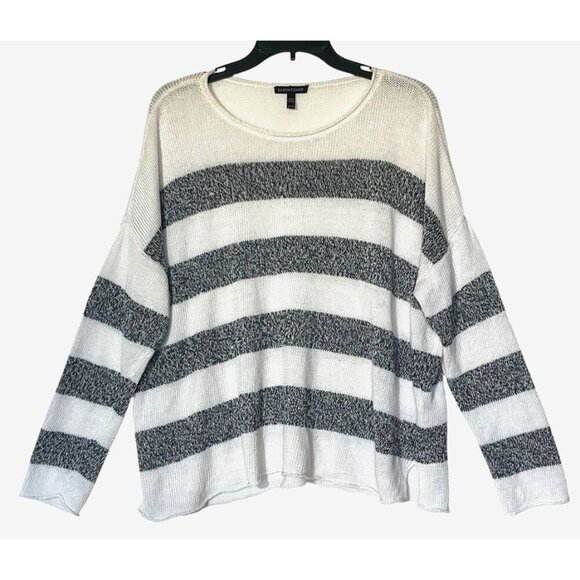 Eileen Fisher White Gray Stripes 100% Organic Linen Knit Sweater Pullover - Picture 1 of 9